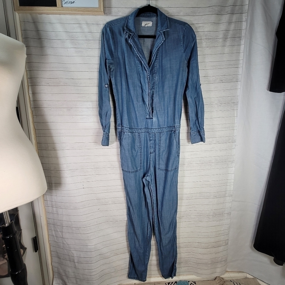 LOU & GREY CHAMBRAY LONG SLEEVE JUMPSUIT, SZ XS